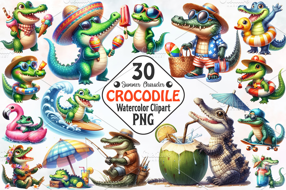 Summer Crocodile Character Clipart, an Illustration by RobertsArt (Photo 1 of 7)