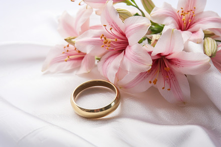 Wedding rings and lily flowers on wh, a Photo by Iftikhar Alam
