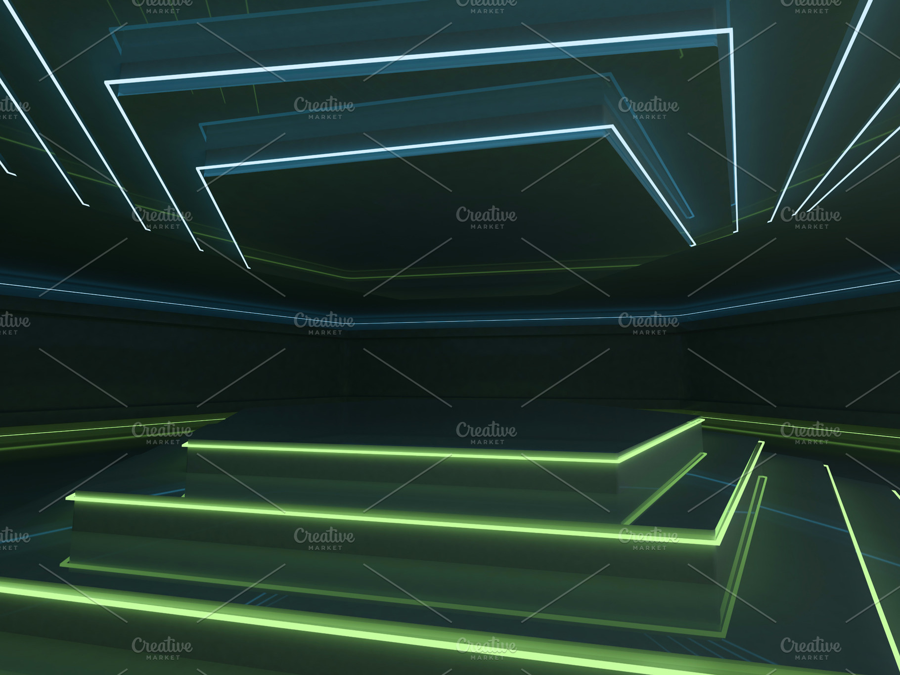 Abstract dark modern architecture containing blue, black, and interior, an Abstract Photo by 3D Graphics Shop