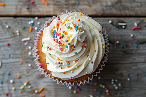 Tasty cupcake with butter cream and sprinkles on wooden background, a Food & Drink Photo by AlyaAnd