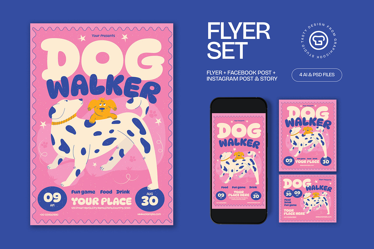 Pink Quirky Illustration Dog Walker, a Flyer Template by graphicook (Photo 1 of 3)