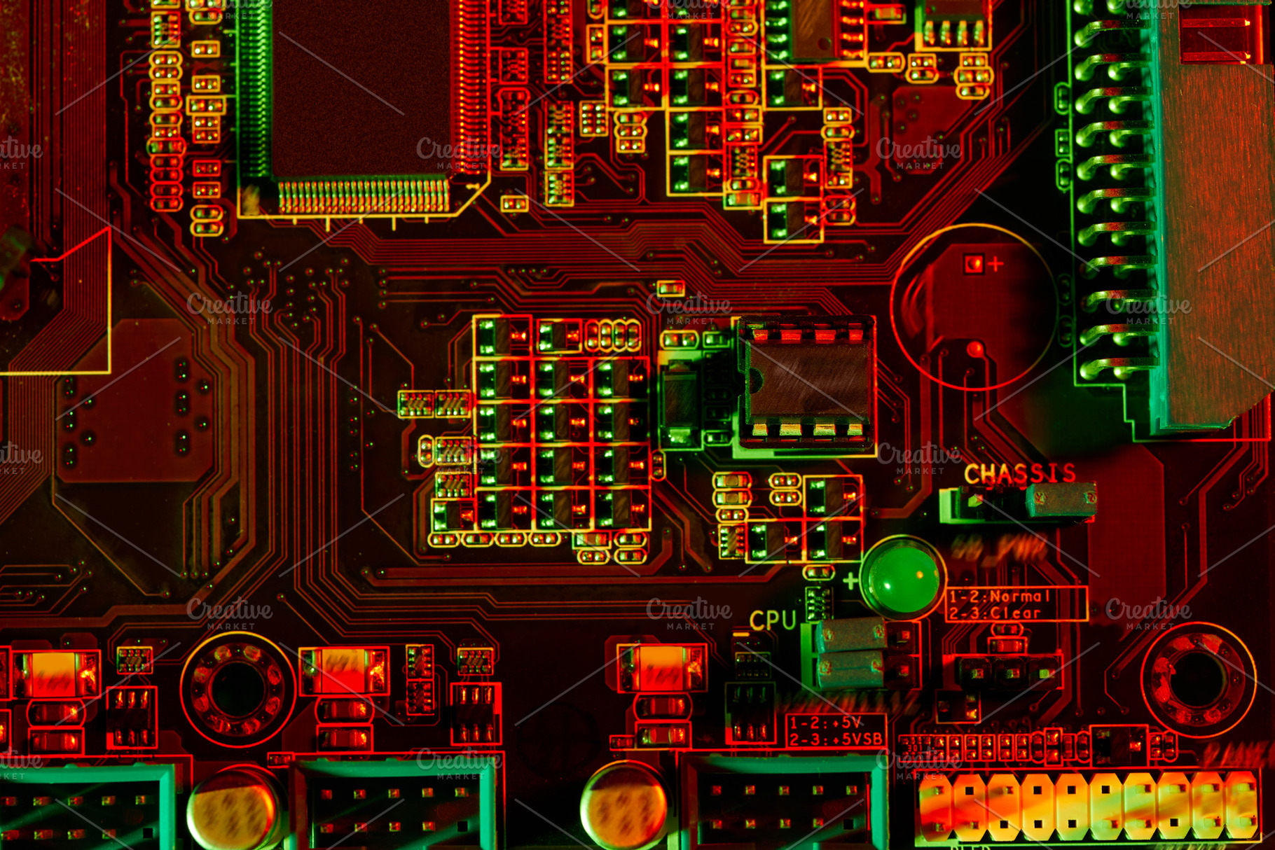 Futuristic Motherboard with Red and Green Lights, a Technology Photo by Alliance Images