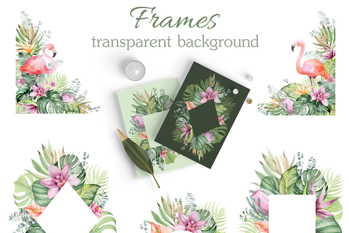 FLAMINGO & FLOWERS  tropical set, a Decorative Illustration by LenArt (Photo 2 of 18)