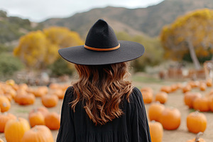 Woman wearing black hat in pumpkin patch during autumn harvest at countryside l, a Photo by AlyaAnd