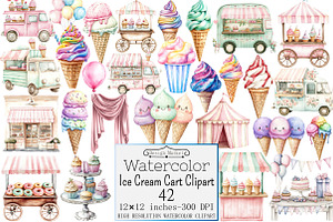 Watercolor Ice Cream Cart Clipart, a Seasonal Illustration by Design Market