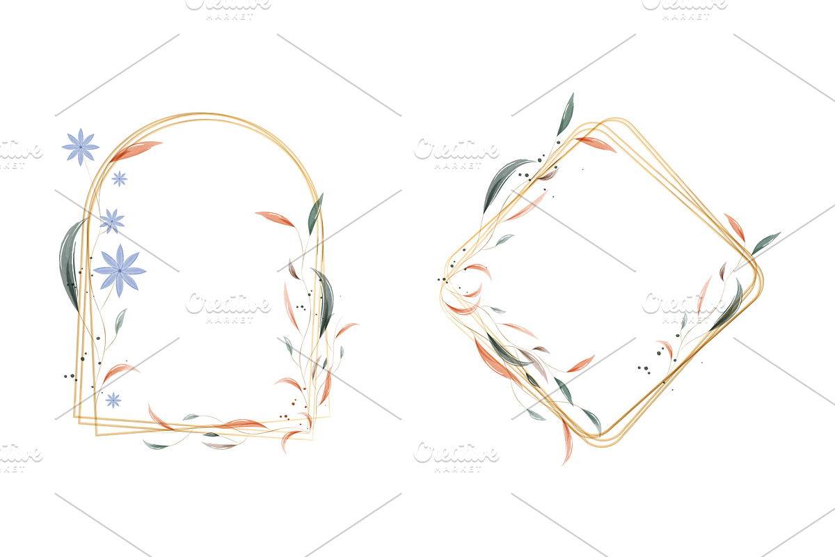 Watercolor floral frames with gold, a Texture Illustration by okskukuruza
