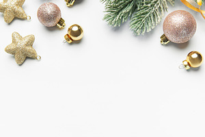 Christmas tree branch decorated with festive ornaments, pinecone, a Holiday Photo by Olena Rudo