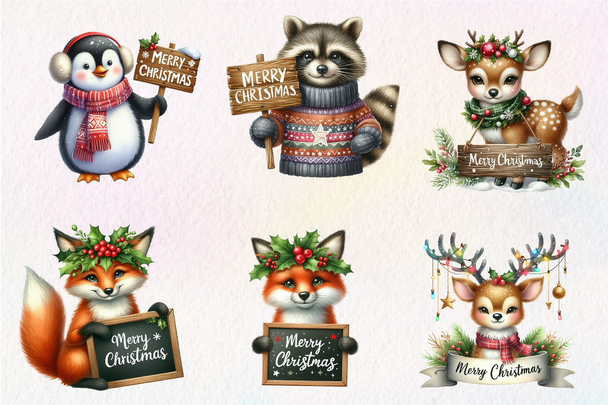 Animals Holding Merry Christmas Sign, an Illustration by CreationArt (Photo 3 of 5)