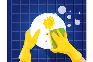 Hands wash dish. Hand in yellow, an Illustration by Stock-Smart-Start