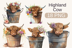 Watercolor Highland Cow With Sunflow