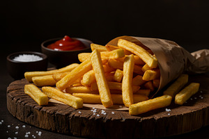 Golden French fries served in paper, a Food & Drink Photo by professorinc