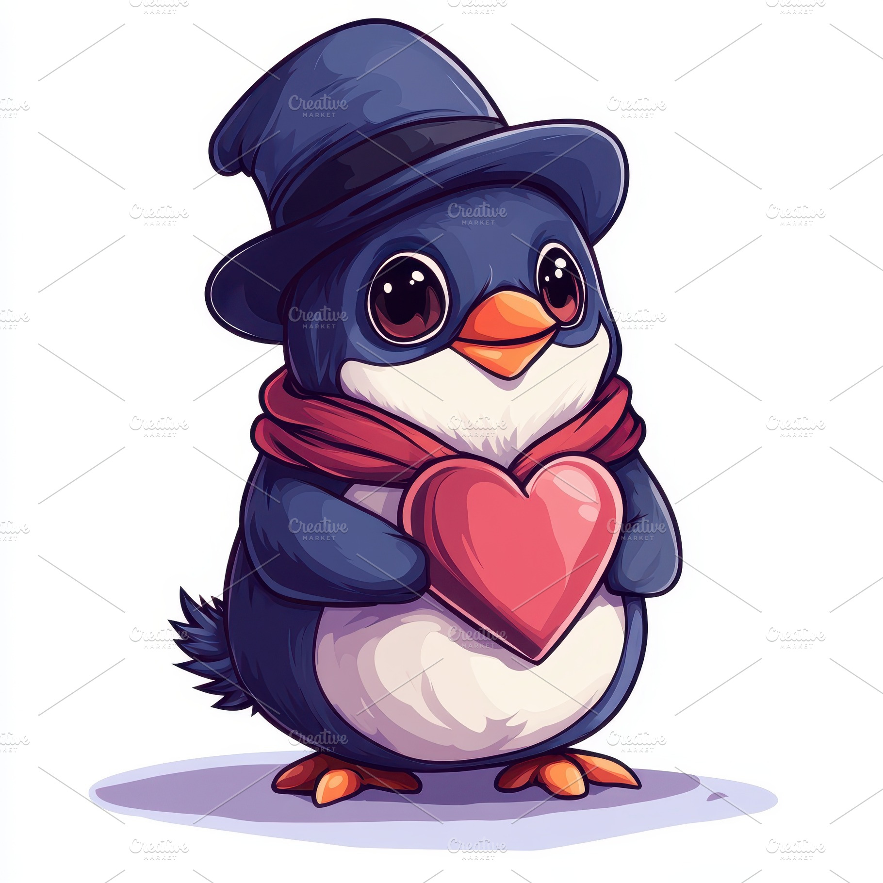 Cute Penguin in Hat Holding Heart Va, an Animal Photo by Pixeness Studio