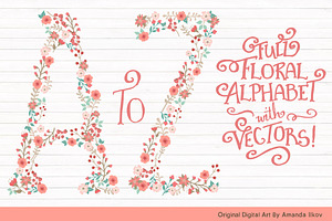 Mint & Coral Floral Alphabet Clipart