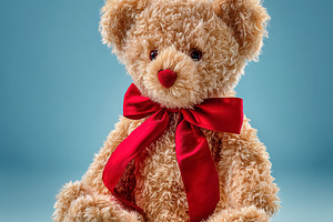 Teddy bear with a red bow and heart nose celebrating Valentine's, a Photo by Studio ANNA