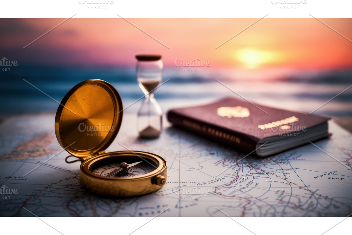 Vintage compass, hourglass, and, an Illustration by tilialucida
