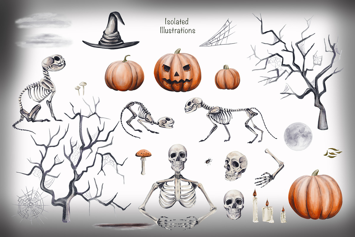Halloween pumpkins and skeletons, an Illustration by Alena Sid (Photo 3 of 12)