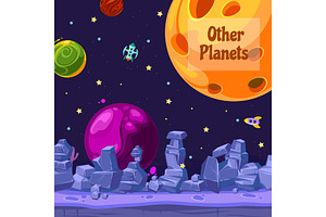 Vector Background With Place For Text With Cartoon Space Planets And Ships