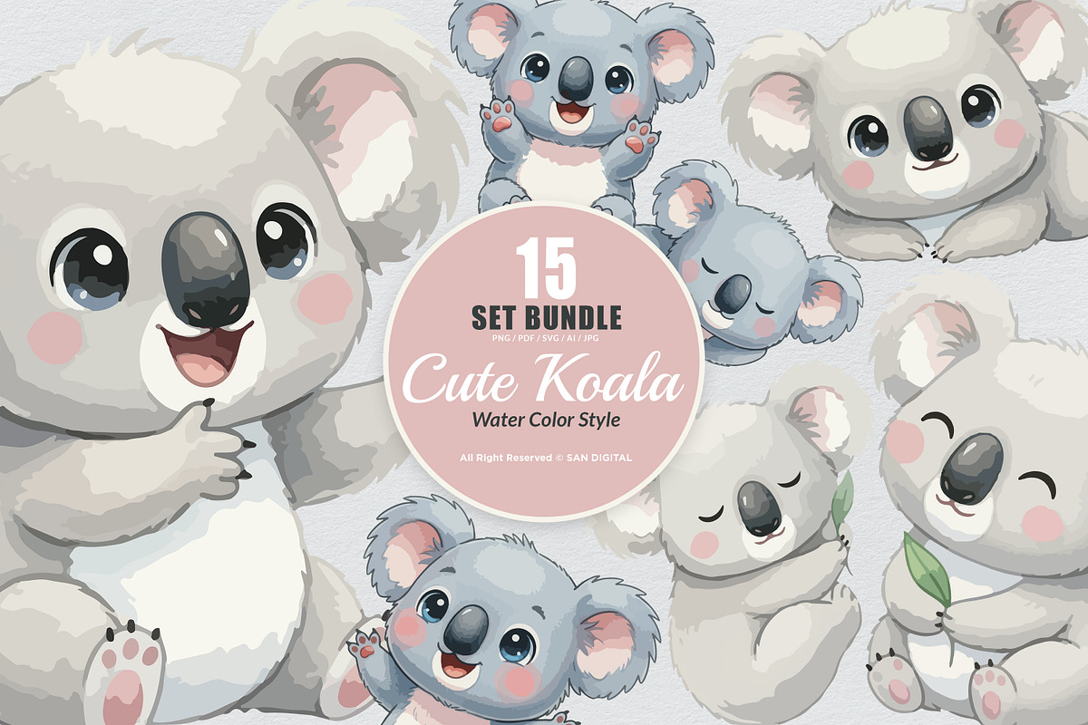15 Bundle Watercolor Cute Koala Kids, an Animal Illustration by Morspective (Photo 1 of 8)