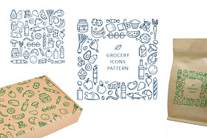 Grocery Icons, Patterns And Borders