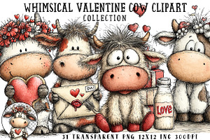 Whimsical Valentine Cow Clipart, an Illustration by OK Design