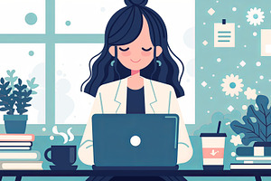 Woman working on laptop in a cozy creative workspace with plants, a Photo by AS photostudio