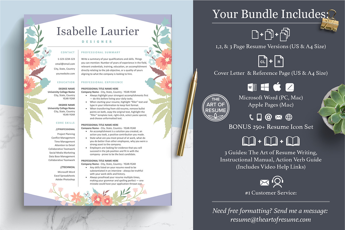 Floral Resume | Creative CV Template, a Resume Template by The Art of Resume (Photo 2 of 8)