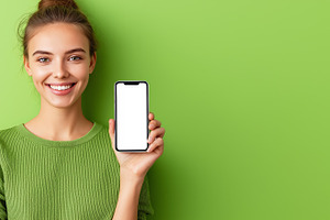 Young woman in green sweater smiling, a Technology Photo by MistyDay
