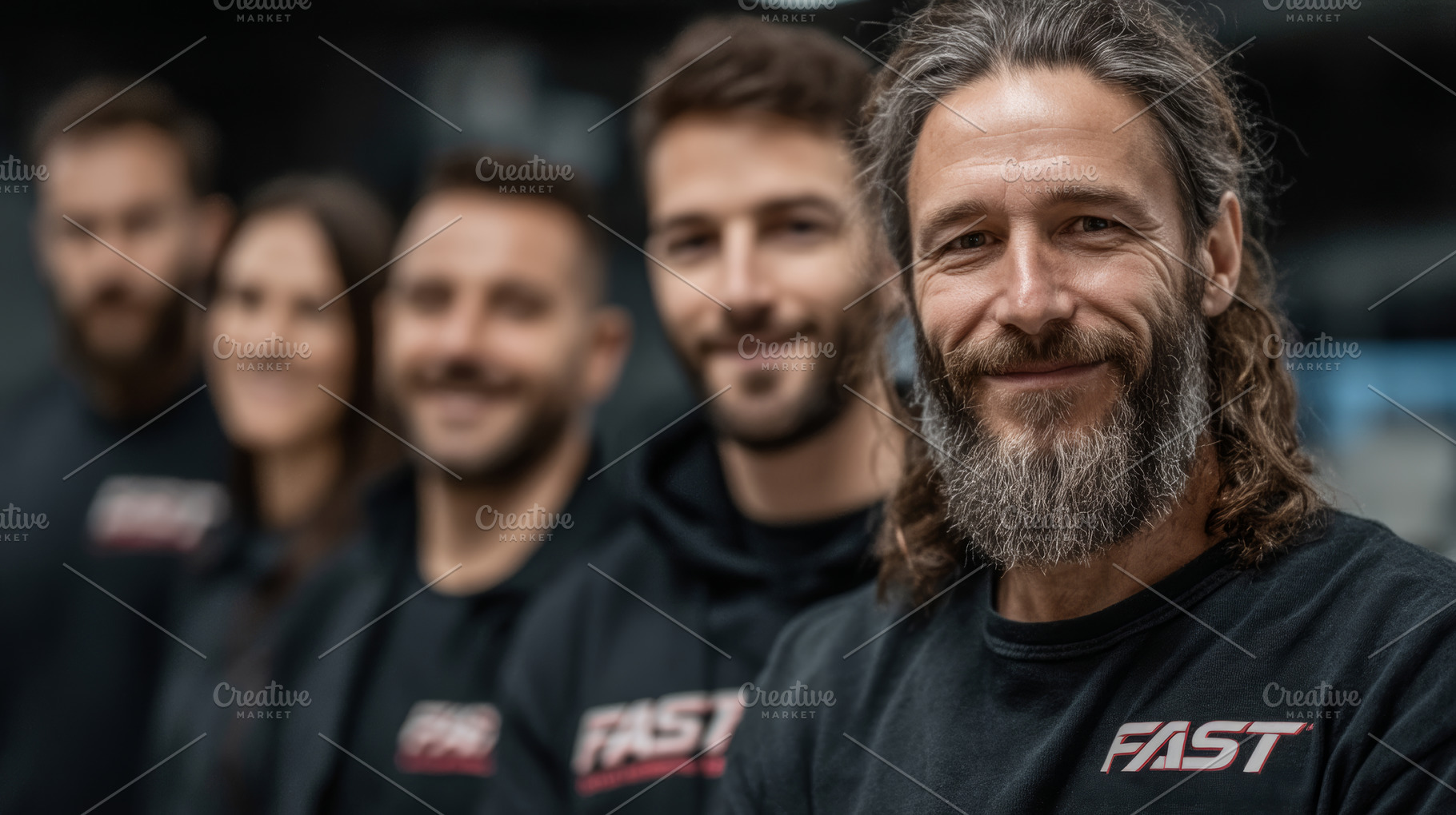 Group of professionals posing together wearing branded uniforms in a modern set, an Industrial Photo by AS photostudio