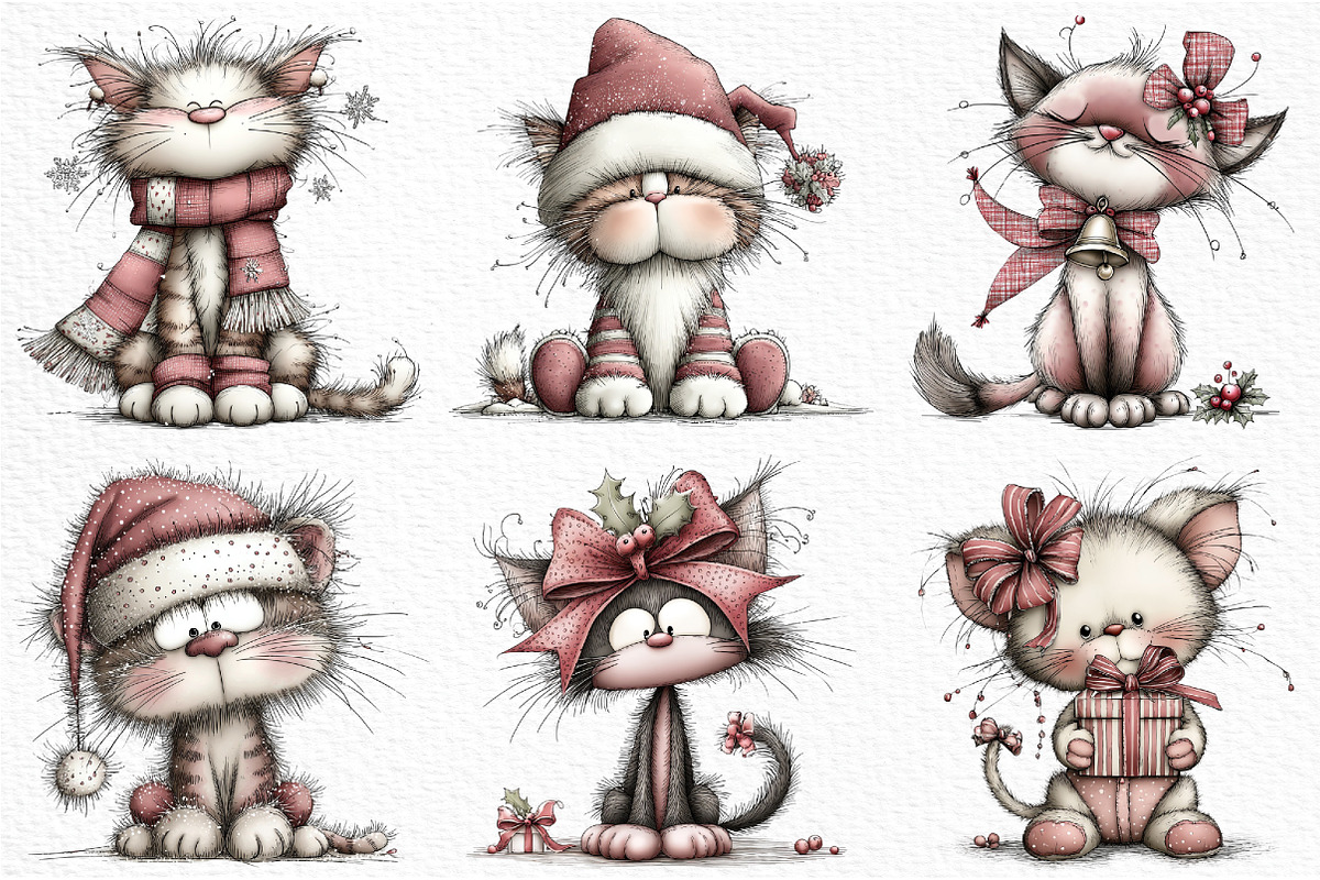 Whimsical Christmas Cat Clipart, an Illustration by Craft Nest (Photo 3 of 6)