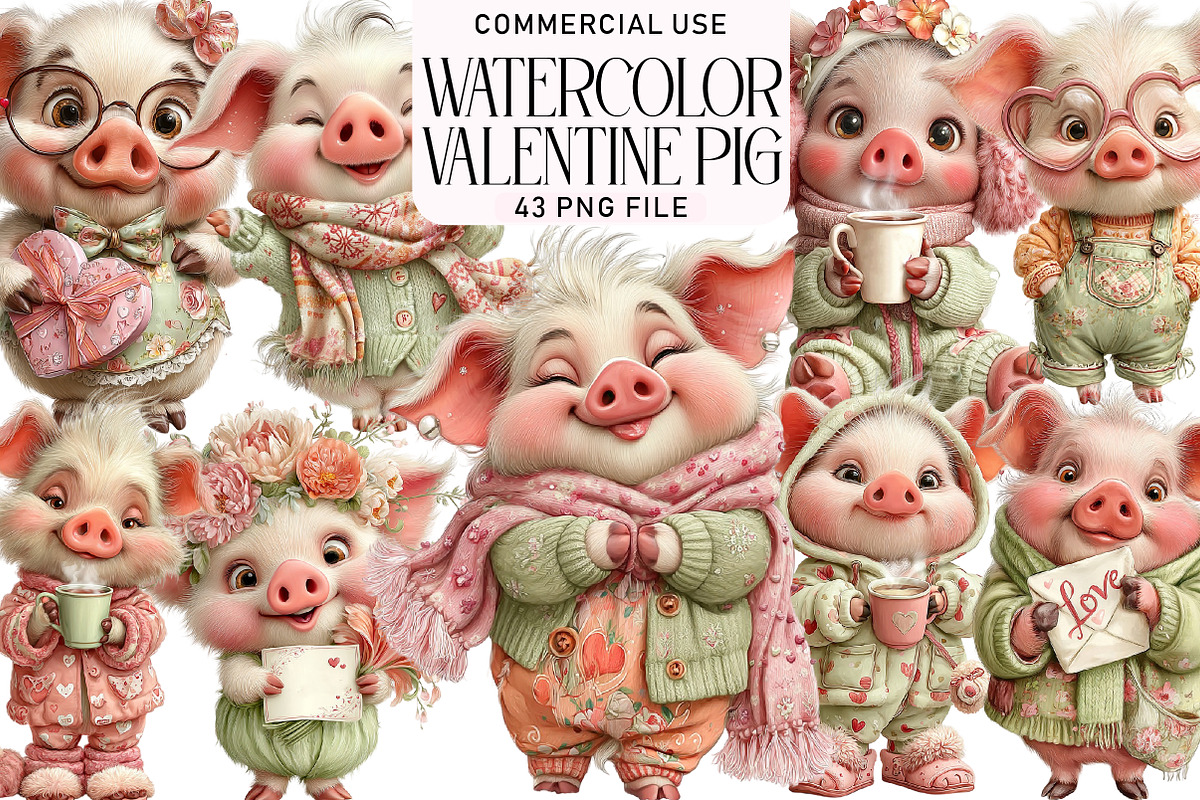 Watercolor Valentine Pig Clipart, an Illustration by Daily.Designs (Photo 6 of 6)