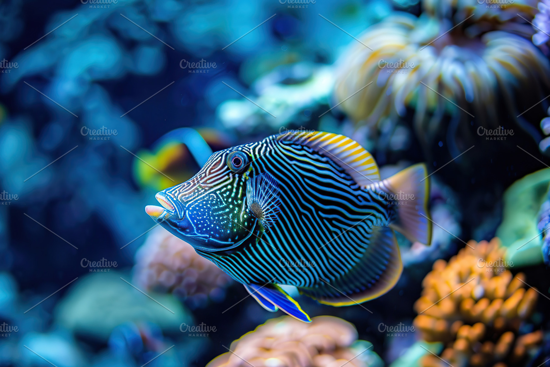 Jaw triggerfish in aquarium with blue water and corals, an Animal Photo by AlyaAnd