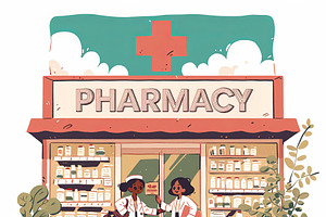 Illustration of two pharmacists standing outside a pharmacy with medical suppli, an Illustration by AS photostudio