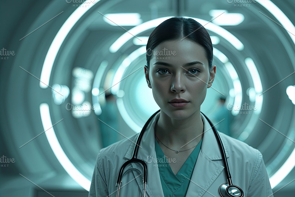Standing doctor wearing scrubs, an Illustration by wavebreak