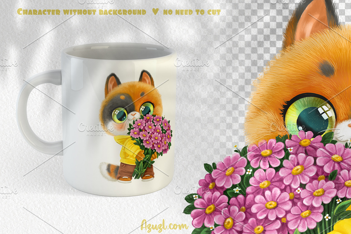 Cute kitten with bouquet of flowers, an Animal Illustration by Azuzlikus (Photo 2 of 3)