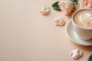 Latte coffee with roses romantic pastel background elegant lifes, a Holiday Photo by José Manuel Gelpi