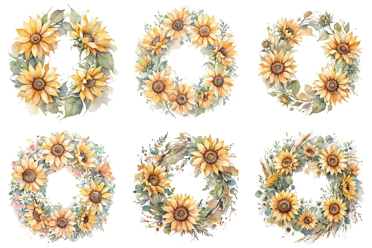 Watercolor Sunflower Wreath Clipart, an Illustration by DreamPrint404 (Photo 3 of 6)