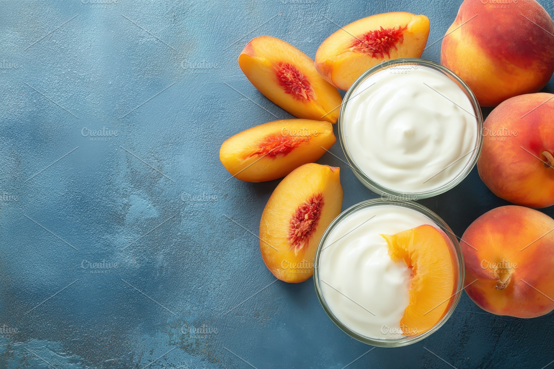 Yogurt with peach slices on a blue, a Photo by Pavel_design