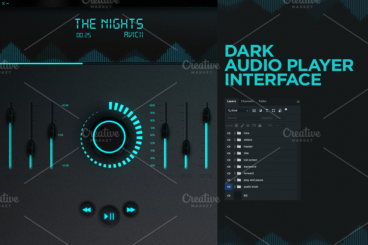 Dark audio player interface, an UI Kit Template by Remon Michel (Photo 1 of 3)