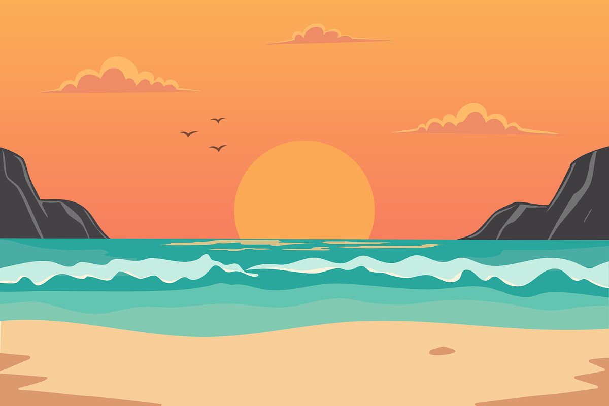 Sunset on a tropical beach, a Seasonal Illustration by Saba Vector