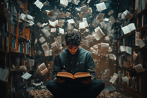 A young psycholinguist man sitting cross-legged in a library, deeply focused on, a Person Photo by Textures & Backgrounds