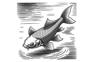Koi Fish Swimming in Water engraving, an Animal Illustration by AlexArt
