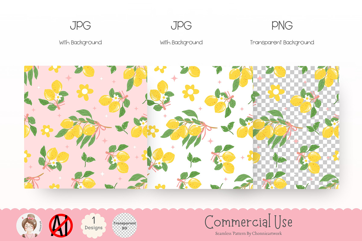 Lemon Seamless Pattern, Yellow Lemon, an Illustration by Chonnieartwork (Photo 3 of 5)
