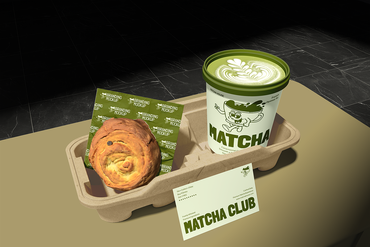 Matcha Cafe Branding Mockup, an Advertising Mockup by Bartama Graphic (Photo 2 of 5)