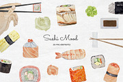 Watercolor Sushi Rolls Clipart, a Food Illustration by Art and Funny (Thumbnail 1 of 7)