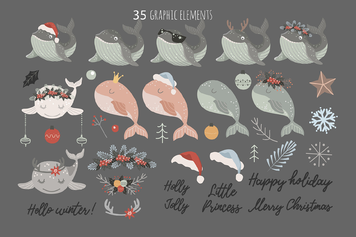 Christmas whale clipart and patterns, an Object Graphic by KupalinaArt (Photo 2 of 6)
