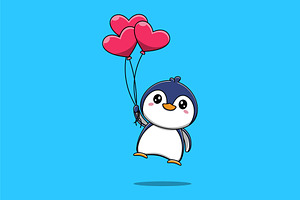 Cute Penguin Flying With Balloons