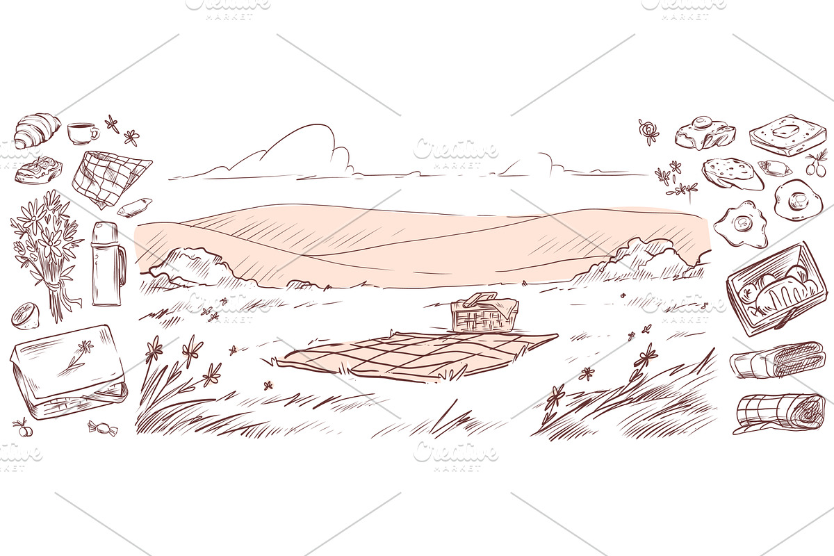 Hand drawn picnic sketch with basket, a Food Illustration by art PVP - market