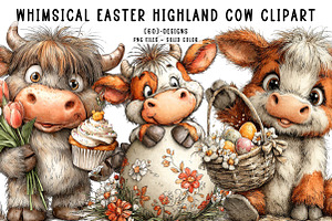 Whimsical Easter Highland Cow Clipar, an Illustration by CreationArt