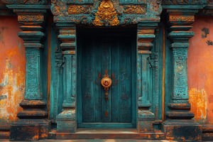 Intricate weathered door in Balinese, a Photo by Tanuart