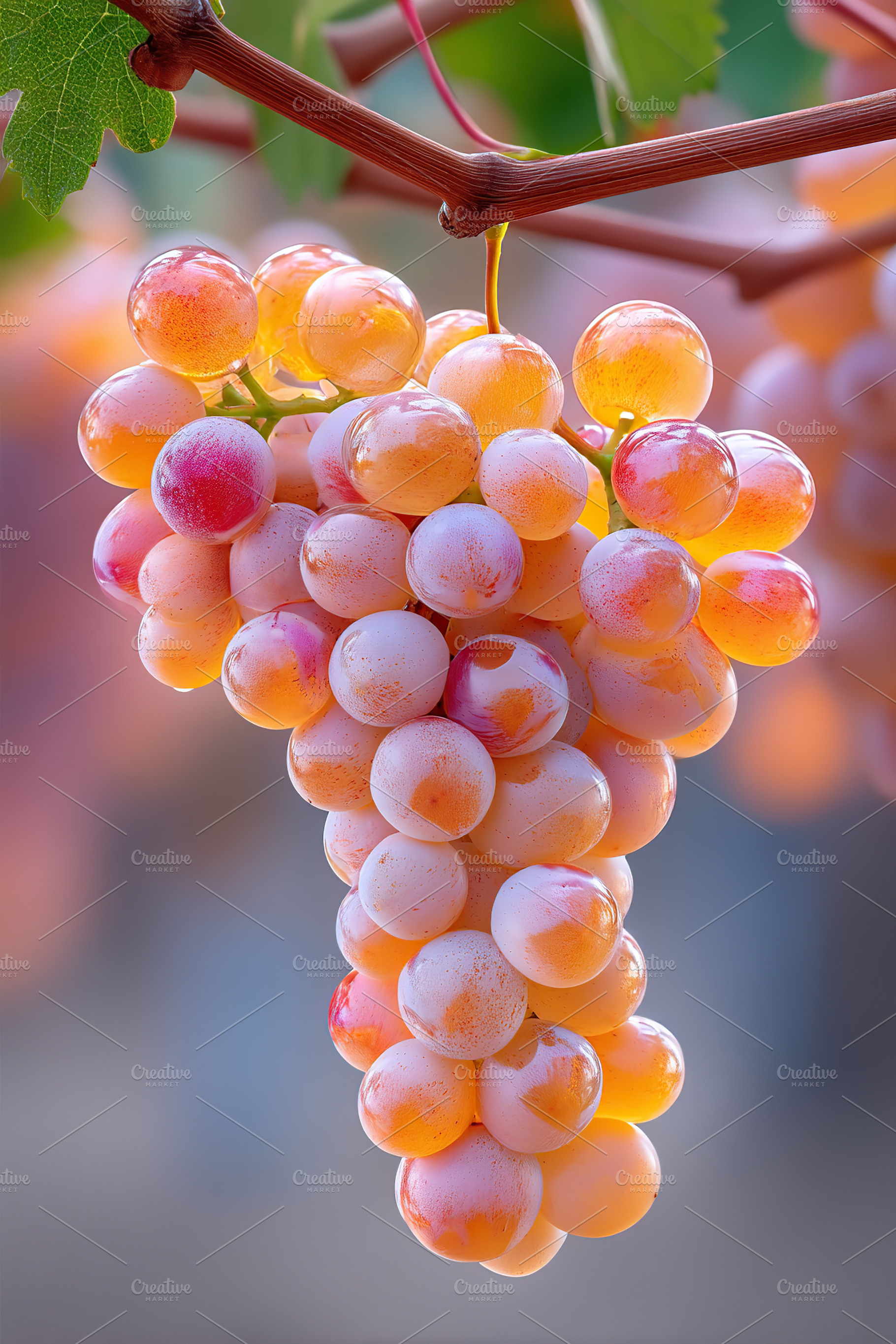 Juicy bunch of grapes hanging on vine in a sunny vineyard during harvest season, a Food & Drink Photo by AlyaAnd
